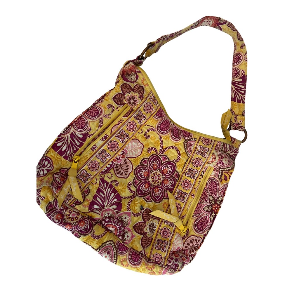 Vera Bradley Boho Quilted Floral On the Go Hobo Bag Women Medium Yellow Pink